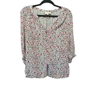 Cynthia Rowley Floral Blouse V-Neck 3/4 Sleeve Top Size Medium
